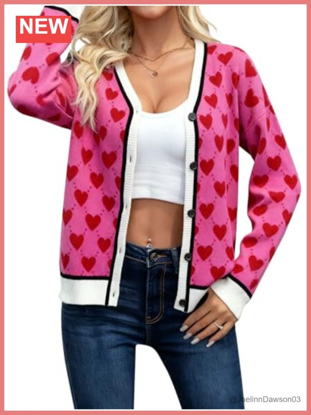 Heart Graphic Knit Cardigan Button Down V Neck Open Front Sweater